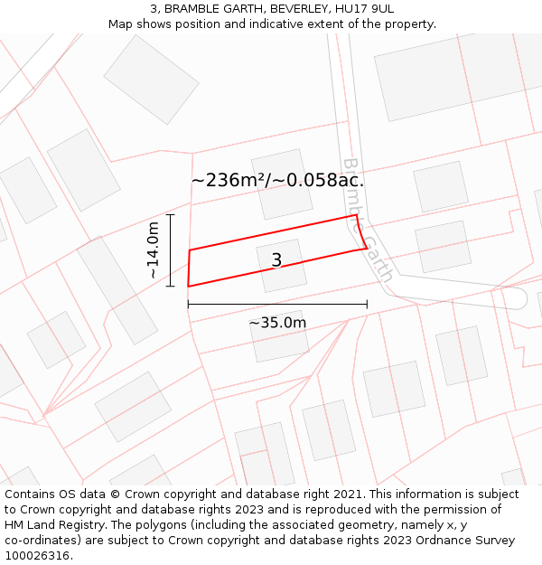 3, BRAMBLE GARTH, BEVERLEY, HU17 9UL: Plot and title map