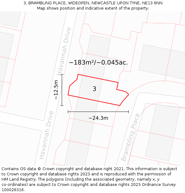 3, BRAMBLING PLACE, WIDEOPEN, NEWCASTLE UPON TYNE, NE13 6NN: Plot and title map
