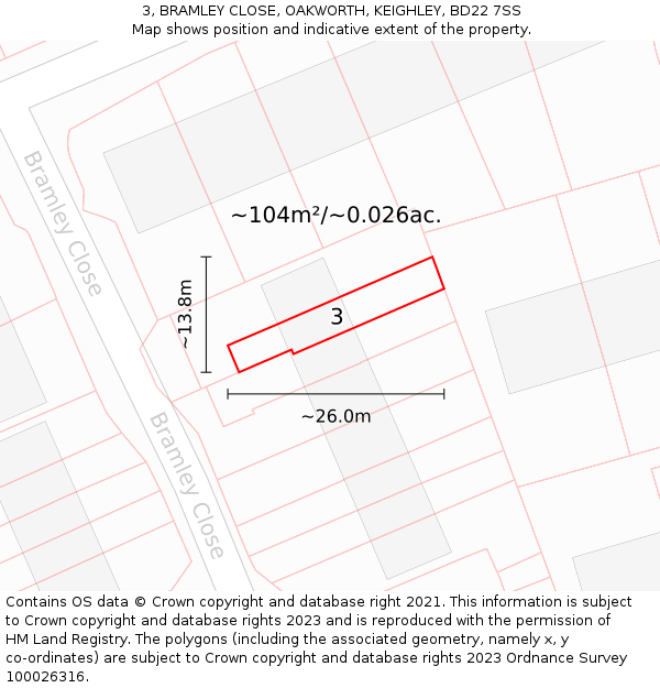 3, BRAMLEY CLOSE, OAKWORTH, KEIGHLEY, BD22 7SS: Plot and title map