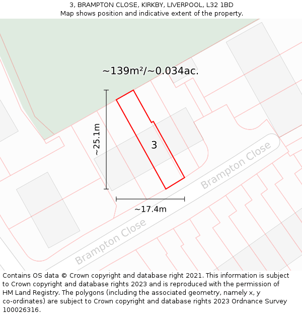 3, BRAMPTON CLOSE, KIRKBY, LIVERPOOL, L32 1BD: Plot and title map