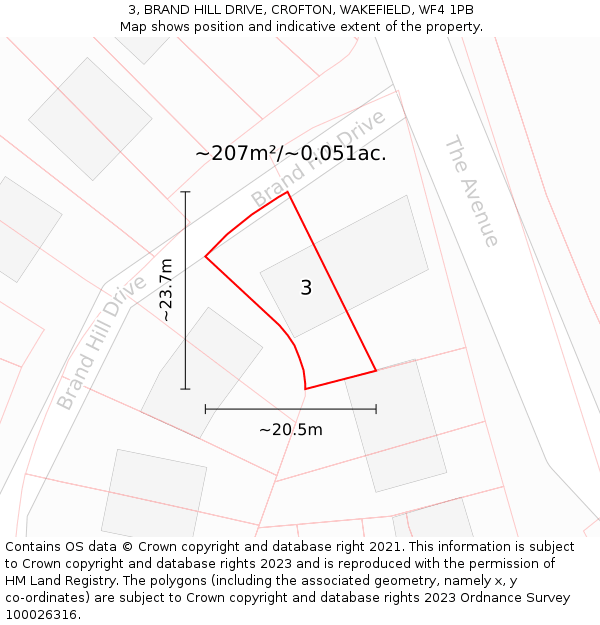 3, BRAND HILL DRIVE, CROFTON, WAKEFIELD, WF4 1PB: Plot and title map
