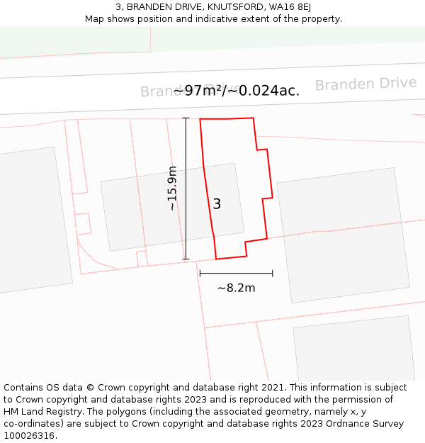3, BRANDEN DRIVE, KNUTSFORD, WA16 8EJ: Plot and title map
