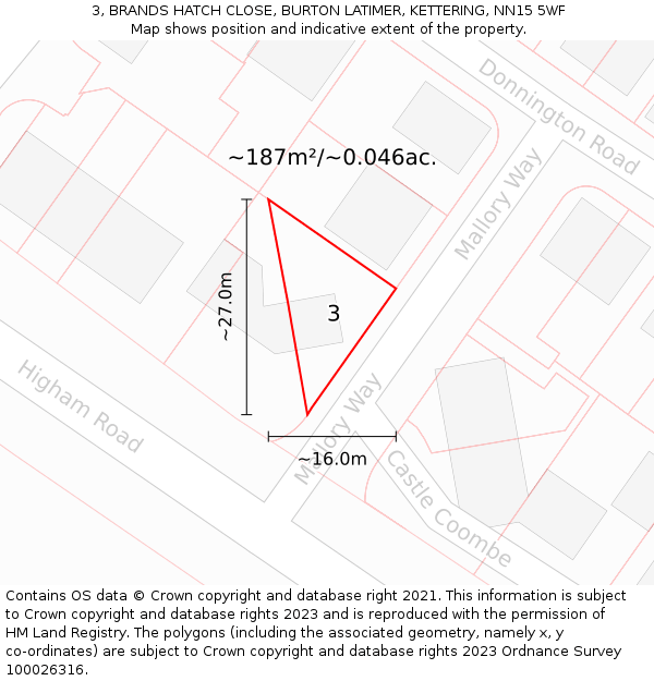 3, BRANDS HATCH CLOSE, BURTON LATIMER, KETTERING, NN15 5WF: Plot and title map