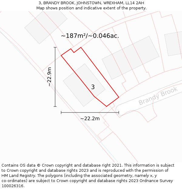 3, BRANDY BROOK, JOHNSTOWN, WREXHAM, LL14 2AH: Plot and title map