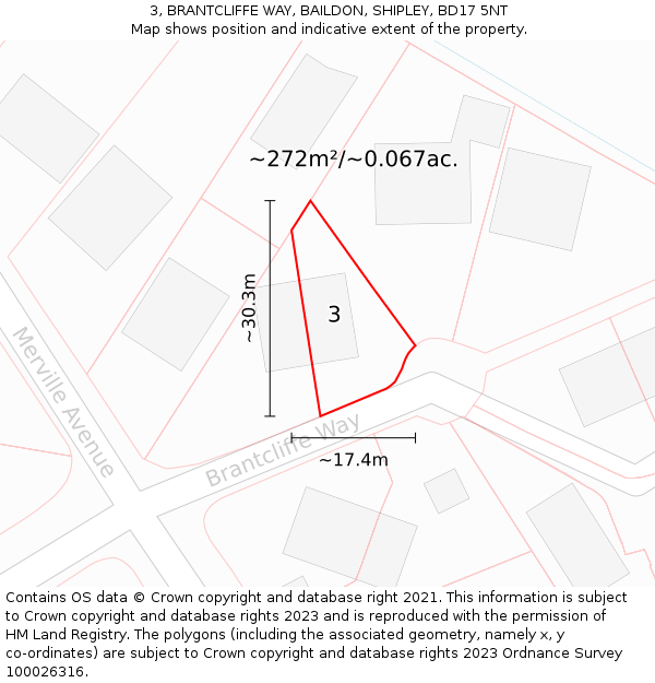 3, BRANTCLIFFE WAY, BAILDON, SHIPLEY, BD17 5NT: Plot and title map