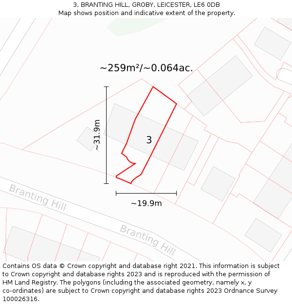3, BRANTING HILL, GROBY, LEICESTER, LE6 0DB: Plot and title map