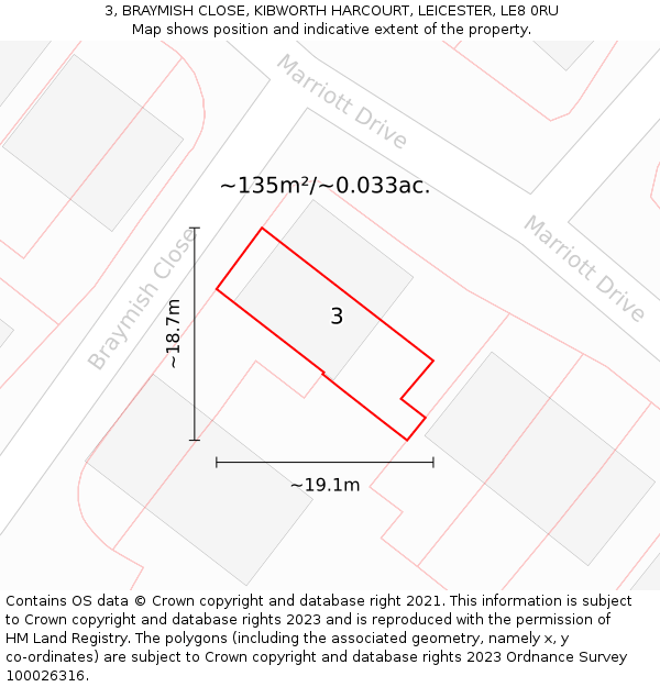 3, BRAYMISH CLOSE, KIBWORTH HARCOURT, LEICESTER, LE8 0RU: Plot and title map
