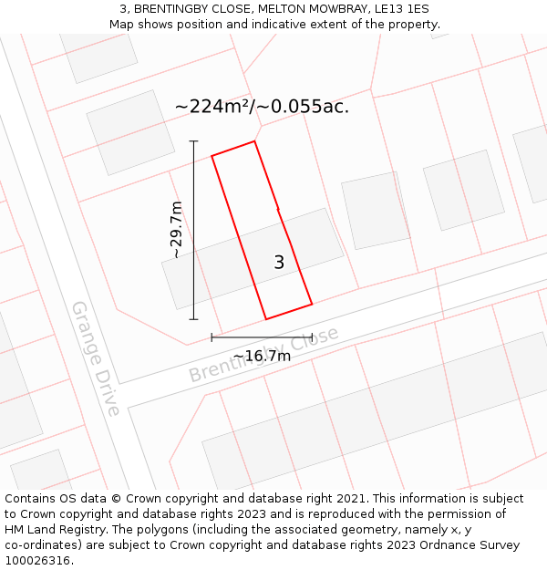 3, BRENTINGBY CLOSE, MELTON MOWBRAY, LE13 1ES: Plot and title map