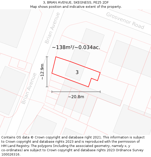 3, BRIAN AVENUE, SKEGNESS, PE25 2DF: Plot and title map