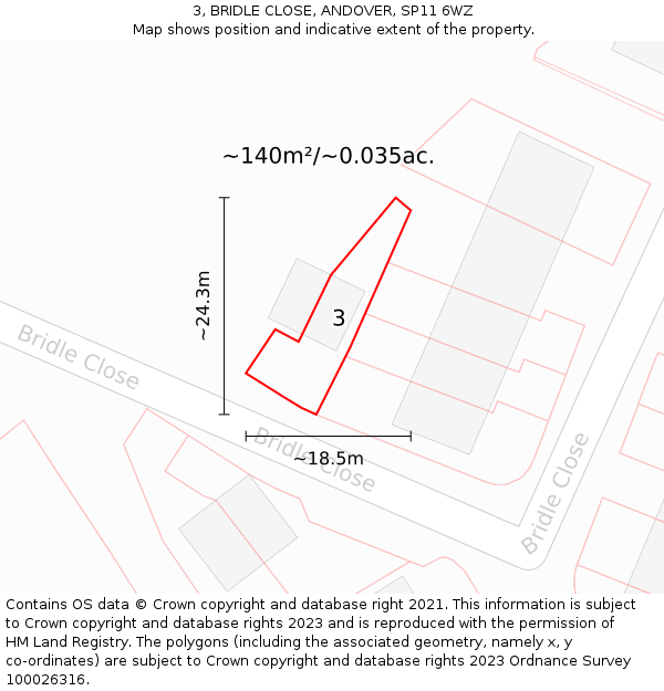 3, BRIDLE CLOSE, ANDOVER, SP11 6WZ: Plot and title map