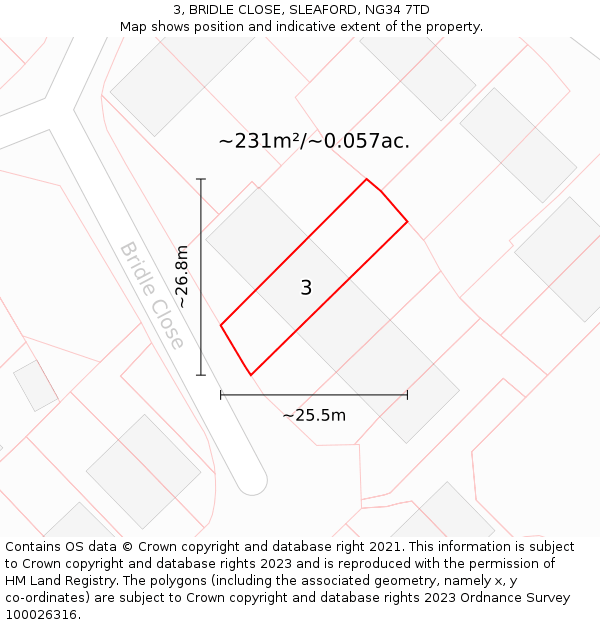 3, BRIDLE CLOSE, SLEAFORD, NG34 7TD: Plot and title map