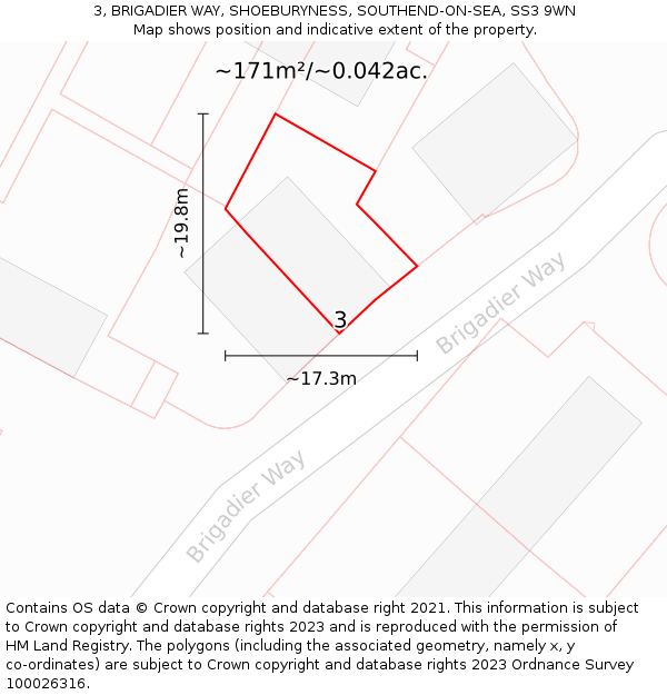 3, BRIGADIER WAY, SHOEBURYNESS, SOUTHEND-ON-SEA, SS3 9WN: Plot and title map