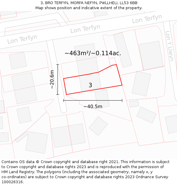 3, BRO TERFYN, MORFA NEFYN, PWLLHELI, LL53 6BB: Plot and title map