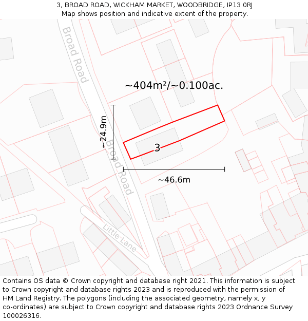 3, BROAD ROAD, WICKHAM MARKET, WOODBRIDGE, IP13 0RJ: Plot and title map