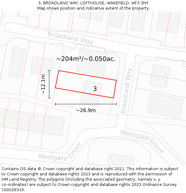 3, BROADLAND WAY, LOFTHOUSE, WAKEFIELD, WF3 3NY: Plot and title map