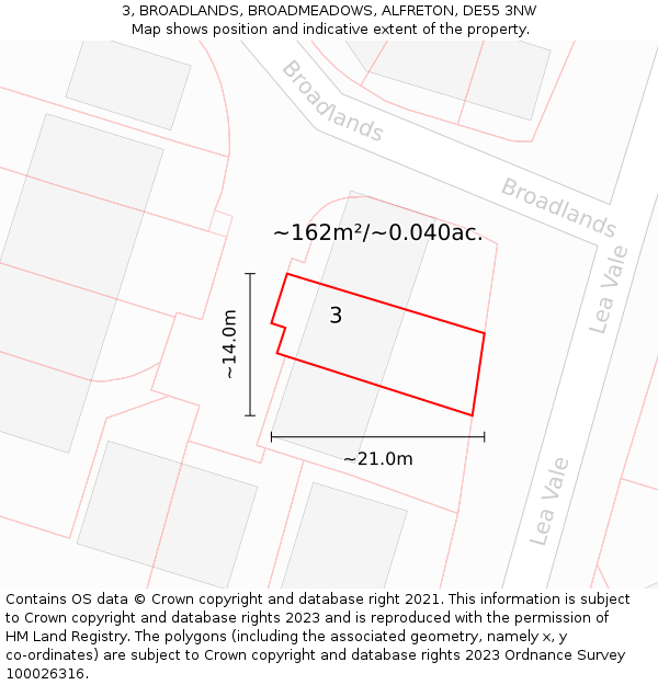 3, BROADLANDS, BROADMEADOWS, ALFRETON, DE55 3NW: Plot and title map