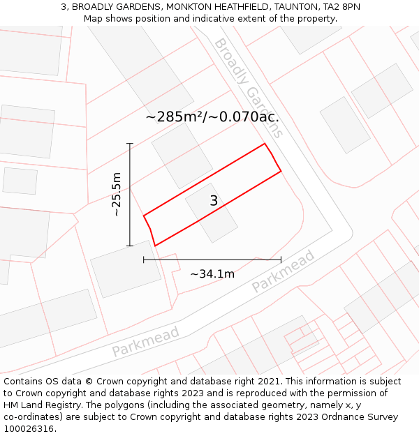 3, BROADLY GARDENS, MONKTON HEATHFIELD, TAUNTON, TA2 8PN: Plot and title map