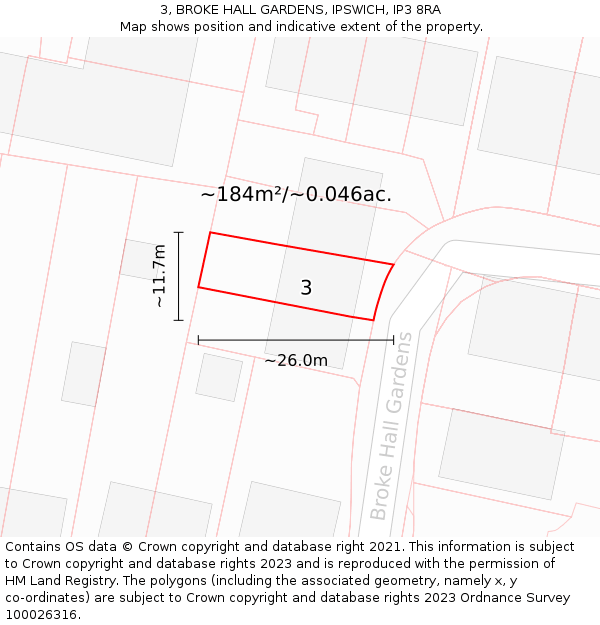 3, BROKE HALL GARDENS, IPSWICH, IP3 8RA: Plot and title map