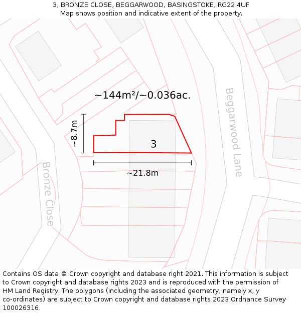 3, BRONZE CLOSE, BEGGARWOOD, BASINGSTOKE, RG22 4UF: Plot and title map