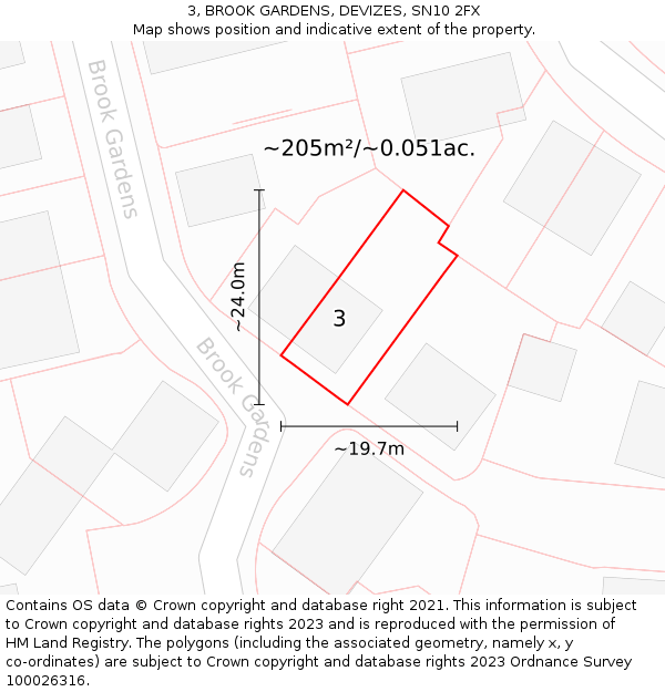 3, BROOK GARDENS, DEVIZES, SN10 2FX: Plot and title map