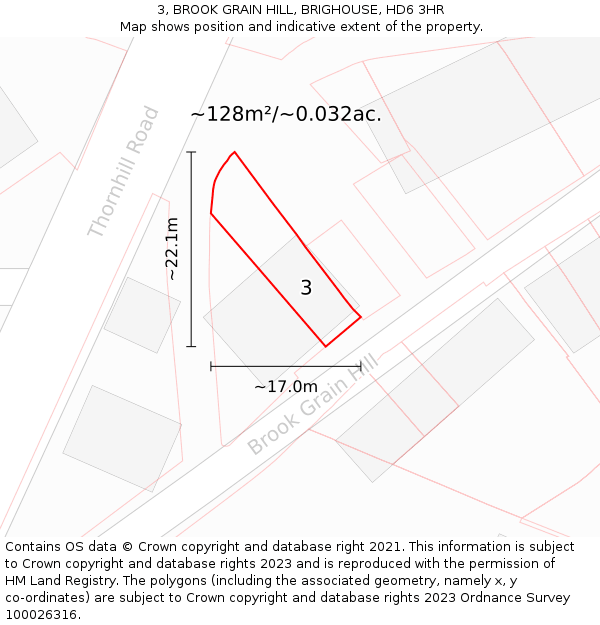 3, BROOK GRAIN HILL, BRIGHOUSE, HD6 3HR: Plot and title map