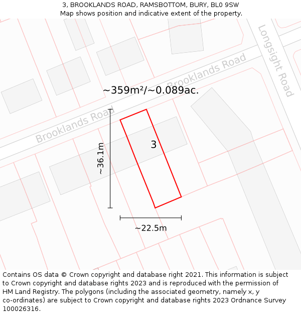 3, BROOKLANDS ROAD, RAMSBOTTOM, BURY, BL0 9SW: Plot and title map