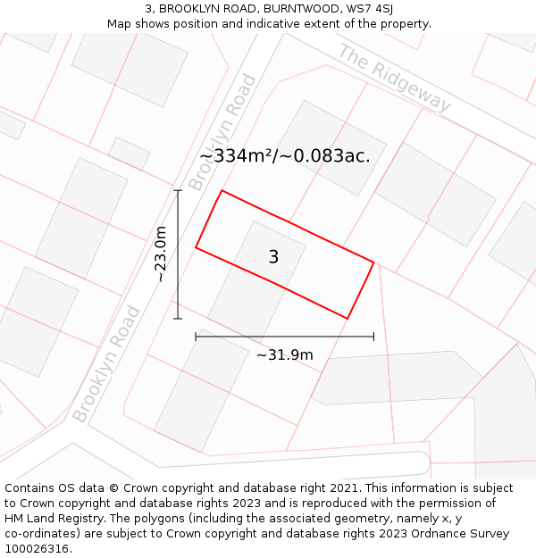 3, BROOKLYN ROAD, BURNTWOOD, WS7 4SJ: Plot and title map