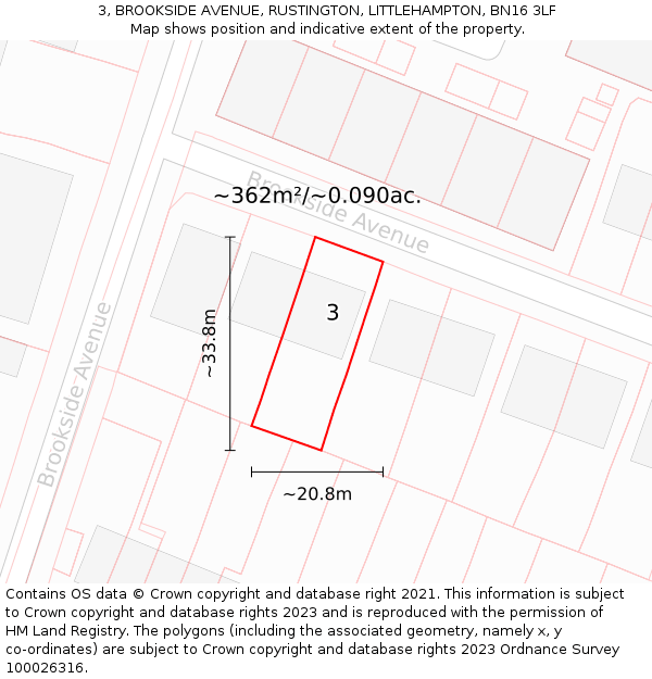 3, BROOKSIDE AVENUE, RUSTINGTON, LITTLEHAMPTON, BN16 3LF: Plot and title map