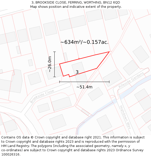 3, BROOKSIDE CLOSE, FERRING, WORTHING, BN12 6QD: Plot and title map