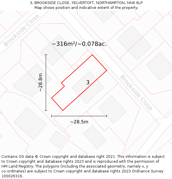 3, BROOKSIDE CLOSE, YELVERTOFT, NORTHAMPTON, NN6 6LP: Plot and title map
