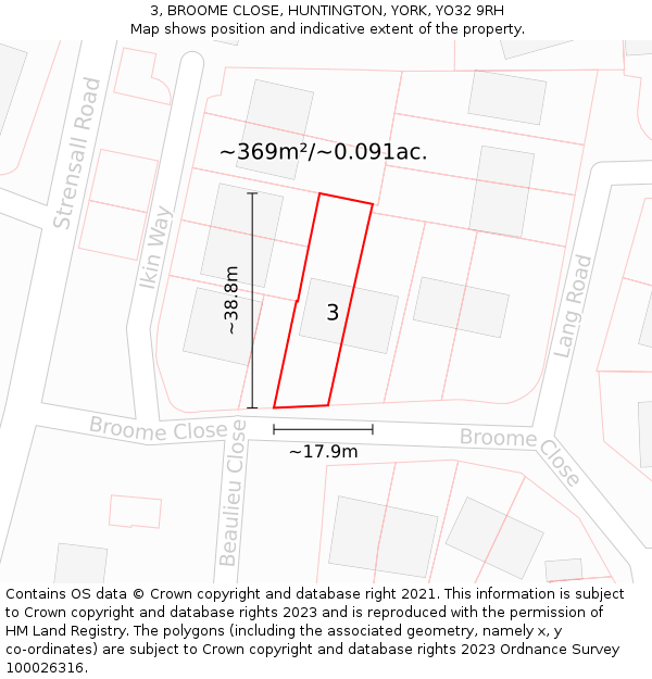 3, BROOME CLOSE, HUNTINGTON, YORK, YO32 9RH: Plot and title map
