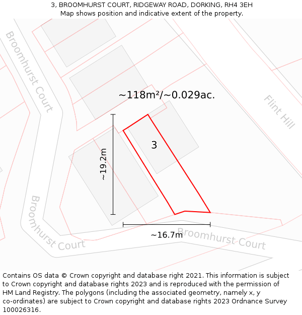 3, BROOMHURST COURT, RIDGEWAY ROAD, DORKING, RH4 3EH: Plot and title map