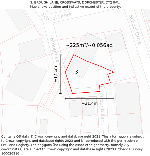 3, BROUGH LANE, CROSSWAYS, DORCHESTER, DT2 8WU: Plot and title map