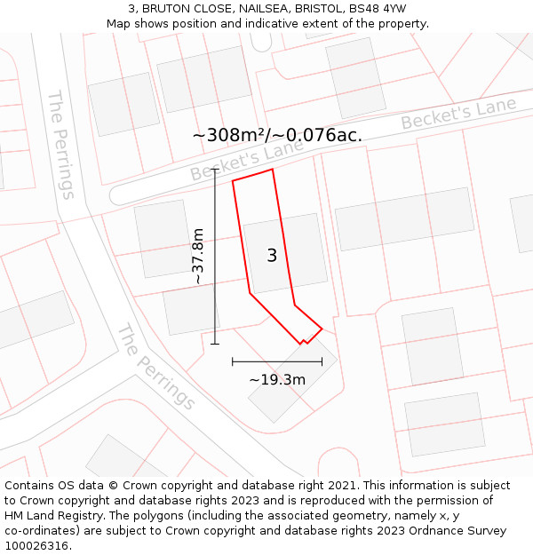 3, BRUTON CLOSE, NAILSEA, BRISTOL, BS48 4YW: Plot and title map