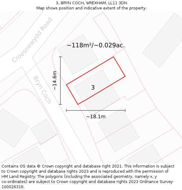 3, BRYN COCH, WREXHAM, LL11 3DN: Plot and title map