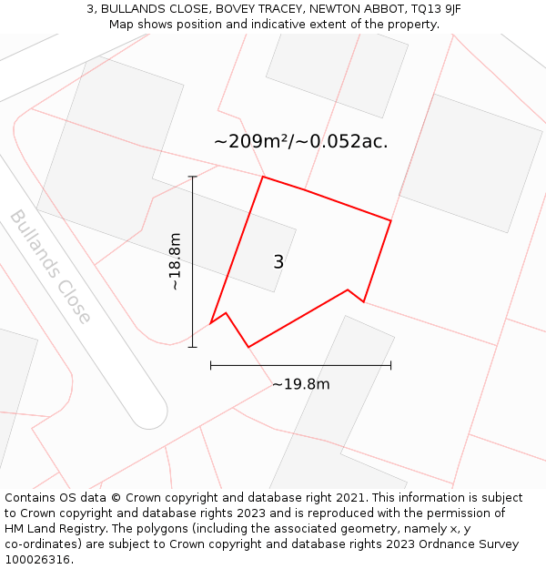 3, BULLANDS CLOSE, BOVEY TRACEY, NEWTON ABBOT, TQ13 9JF: Plot and title map