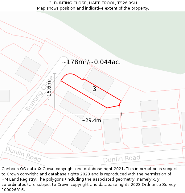 3, BUNTING CLOSE, HARTLEPOOL, TS26 0SH: Plot and title map