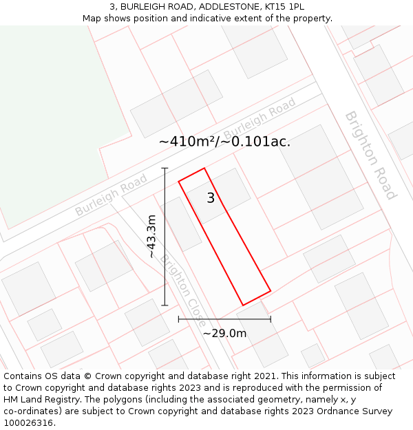 3, BURLEIGH ROAD, ADDLESTONE, KT15 1PL: Plot and title map