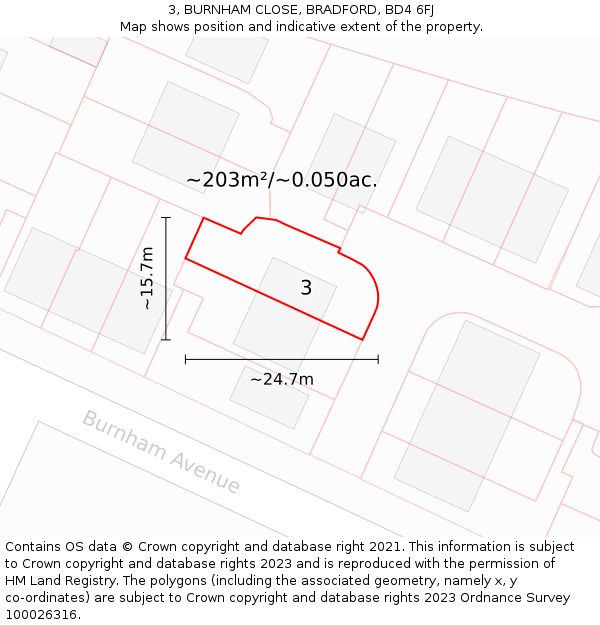 3, BURNHAM CLOSE, BRADFORD, BD4 6FJ: Plot and title map