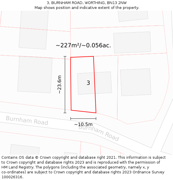 3, BURNHAM ROAD, WORTHING, BN13 2NW: Plot and title map