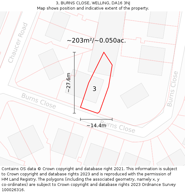 3, BURNS CLOSE, WELLING, DA16 3NJ: Plot and title map