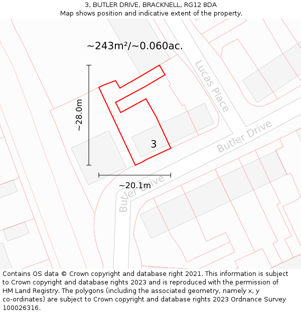 3, BUTLER DRIVE, BRACKNELL, RG12 8DA: Plot and title map