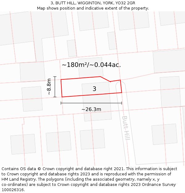 3, BUTT HILL, WIGGINTON, YORK, YO32 2GR: Plot and title map