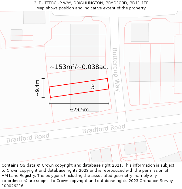 3, BUTTERCUP WAY, DRIGHLINGTON, BRADFORD, BD11 1EE: Plot and title map
