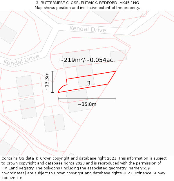 3, BUTTERMERE CLOSE, FLITWICK, BEDFORD, MK45 1NG: Plot and title map
