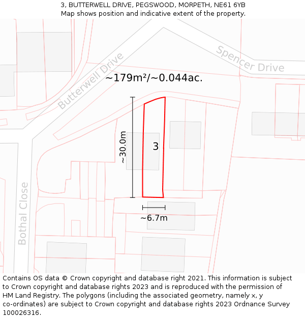 3, BUTTERWELL DRIVE, PEGSWOOD, MORPETH, NE61 6YB: Plot and title map