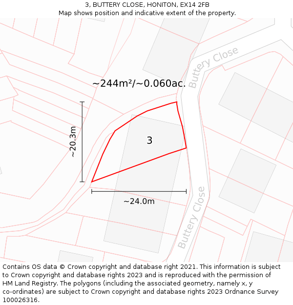 3, BUTTERY CLOSE, HONITON, EX14 2FB: Plot and title map