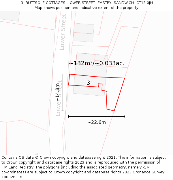 3, BUTTSOLE COTTAGES, LOWER STREET, EASTRY, SANDWICH, CT13 0JH: Plot and title map
