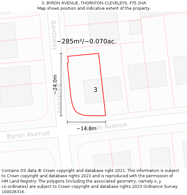 3, BYRON AVENUE, THORNTON-CLEVELEYS, FY5 2HA: Plot and title map