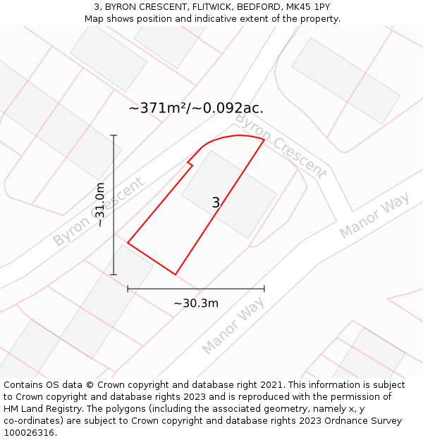 3, BYRON CRESCENT, FLITWICK, BEDFORD, MK45 1PY: Plot and title map